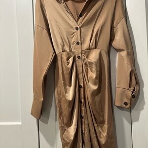 Elegant Tan Button-Up Dress